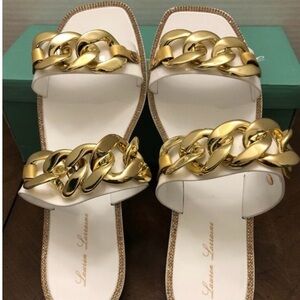 Lauren Lorraine Gold Chain White Sandals